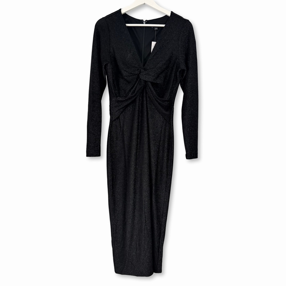 Ann Taylor Black V Neck Twist Sparkle Midi Dress Size 4